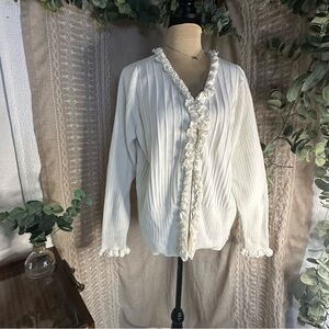 Dialogue Women’s Cream Ribbed Knit Cardigan w/Delicate Collar/Ruffled Trim XL